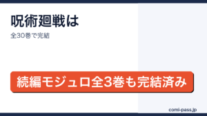 呪術廻戦が全30巻で完結し、続編モジュロも全3巻で完結していることを紹介するアイキャッチ画像