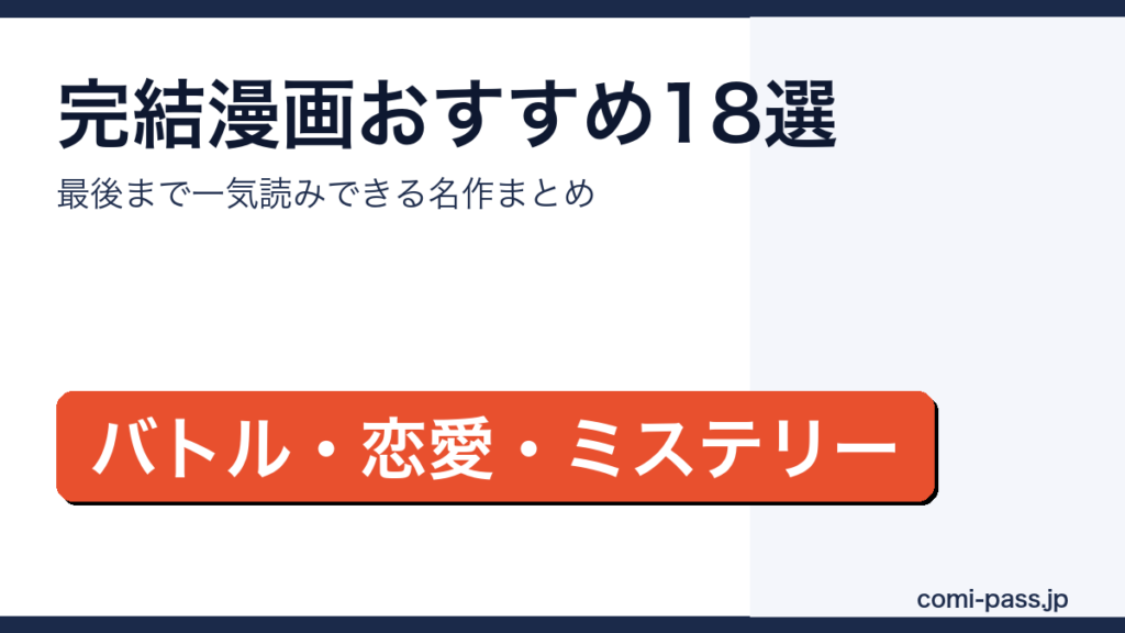 完結漫画のおすすめ名作18選をバトル・恋愛・ミステリーのジャンル別にまとめたアイキャッチ画像