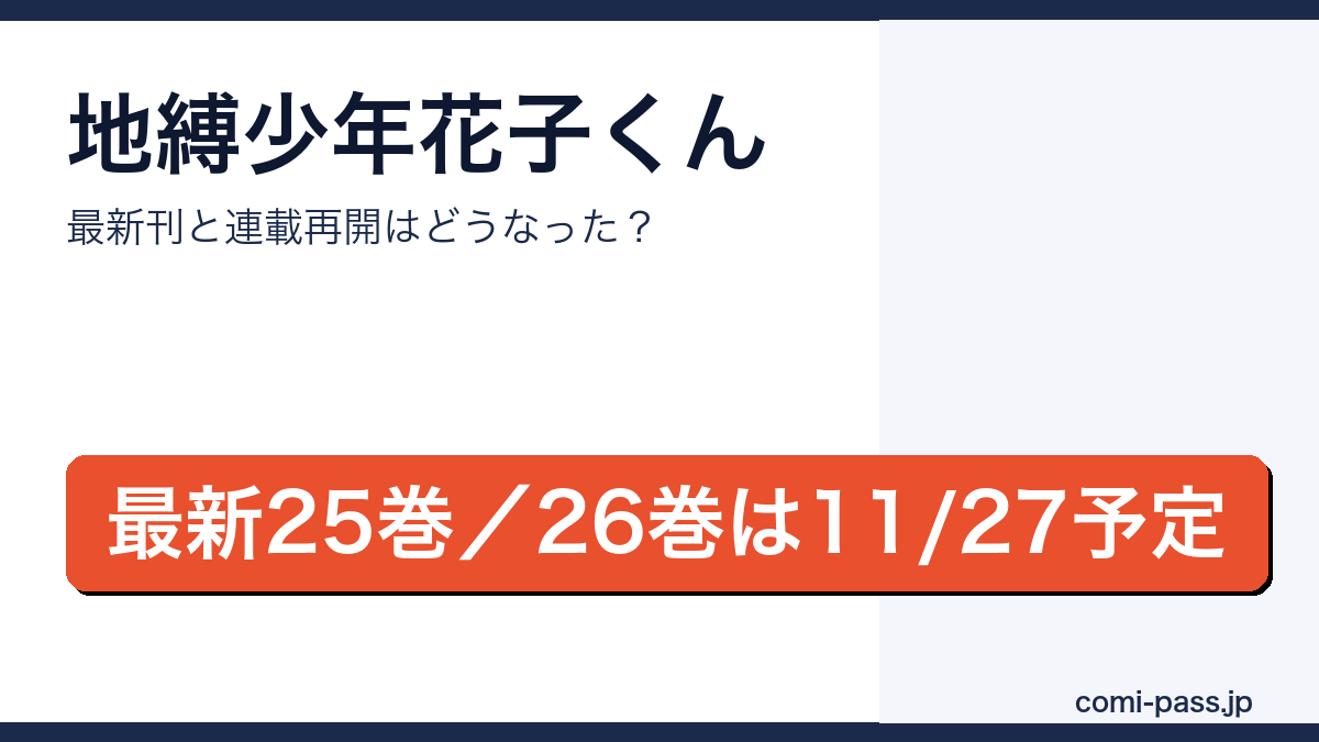 地縛少年花子くんの最新刊は25巻、26巻が2026年11月27日発売予定で、休載から掲載予告が出たことを伝えるアイキャッチ画像