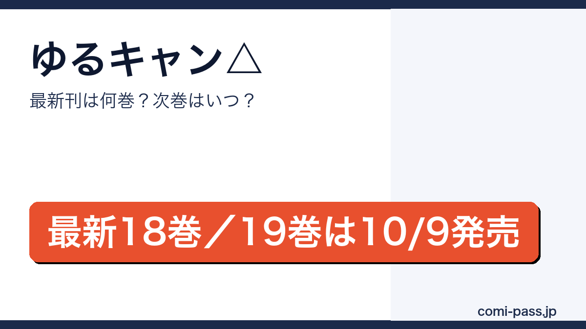 ゆるキャン△の最新刊は18巻（2025年11月12日発売）、19巻が2026年10月9日発売であることを伝えるアイキャッチ画像