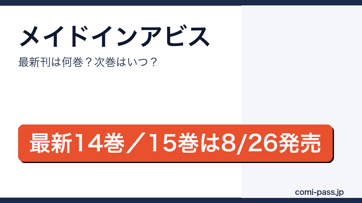メイドインアビスの最新刊は14巻(2025年8月8日発売)、15巻が2026年8月26日発売予定であることを伝えるアイキャッチ画像