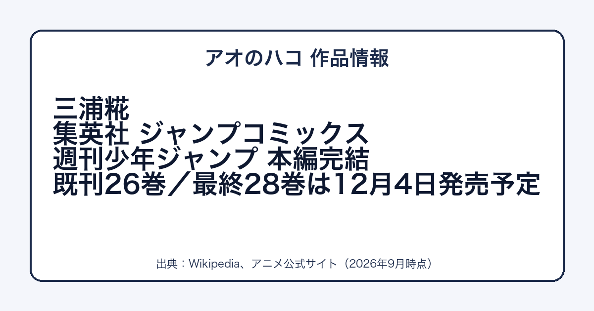 アオのハコの作者・出版社・完結スケジュールをまとめた図